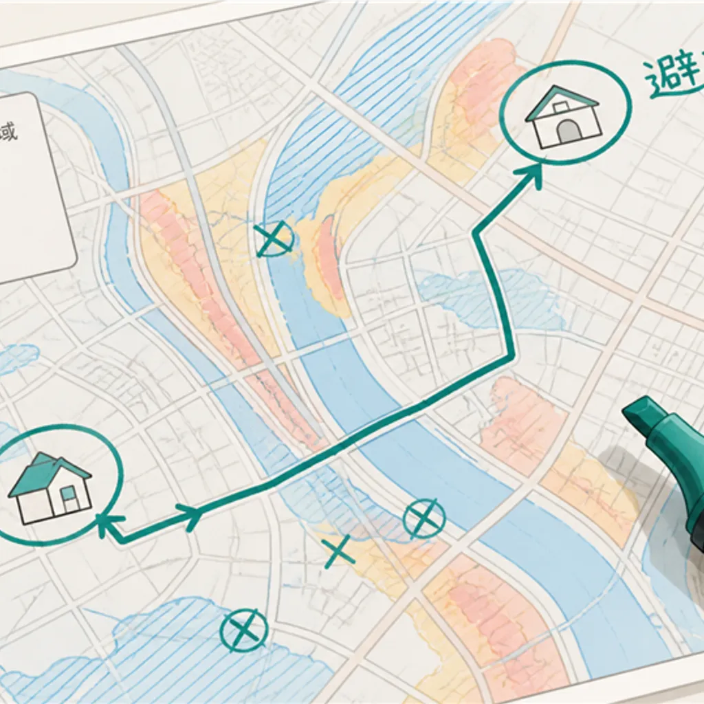 避難経路を書き込んだハザードマップとマーカーペン