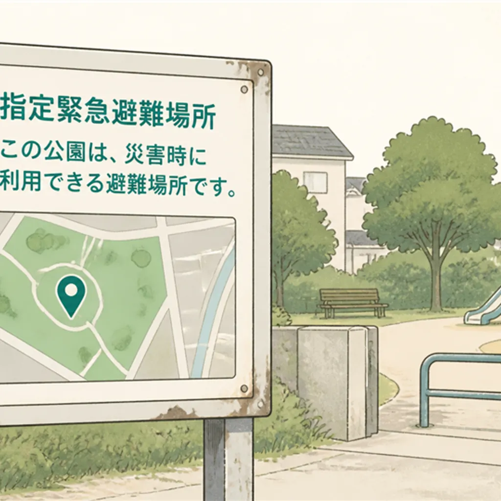 公園の入口に立つ避難場所を示す案内板