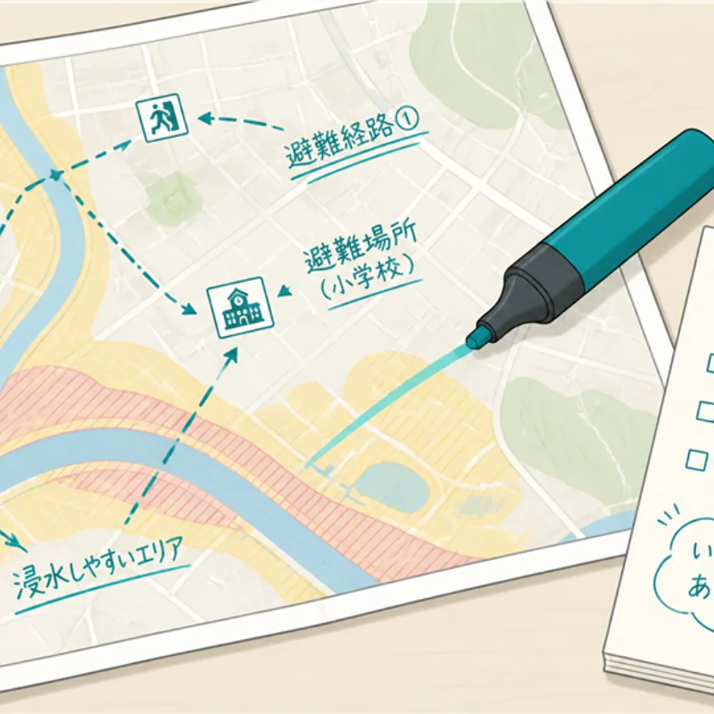 書き込みをした紙のハザードマップとペン
