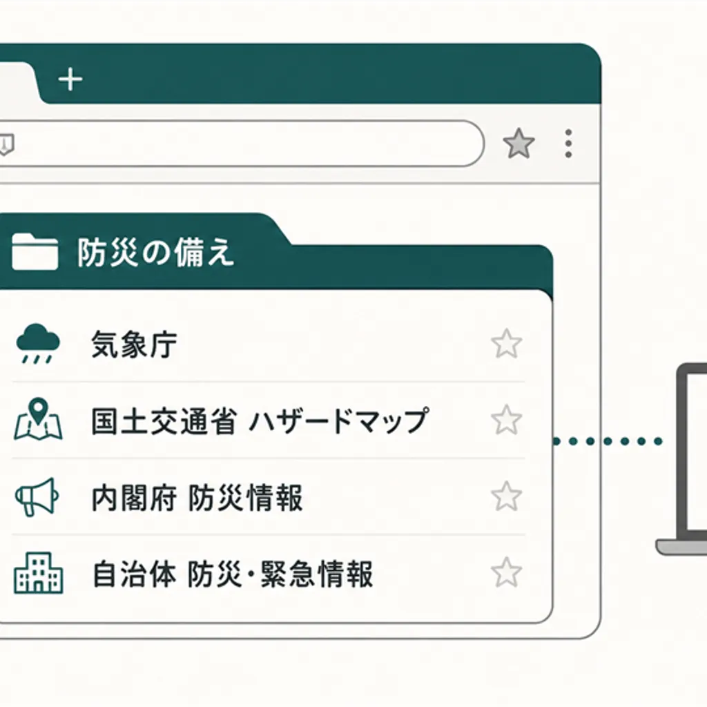 防災フォルダに公式サイトを登録したブックマーク画面