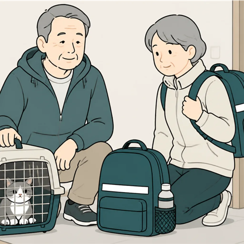 猫のキャリーと防災リュックを玄関に用意した夫婦