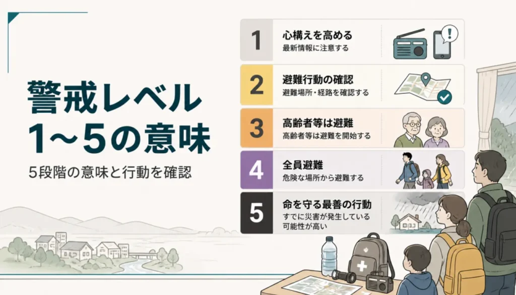 警戒レベル1から5までを色分けで示した5段階の図