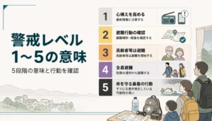 警戒レベル1から5までを色分けで示した5段階の図