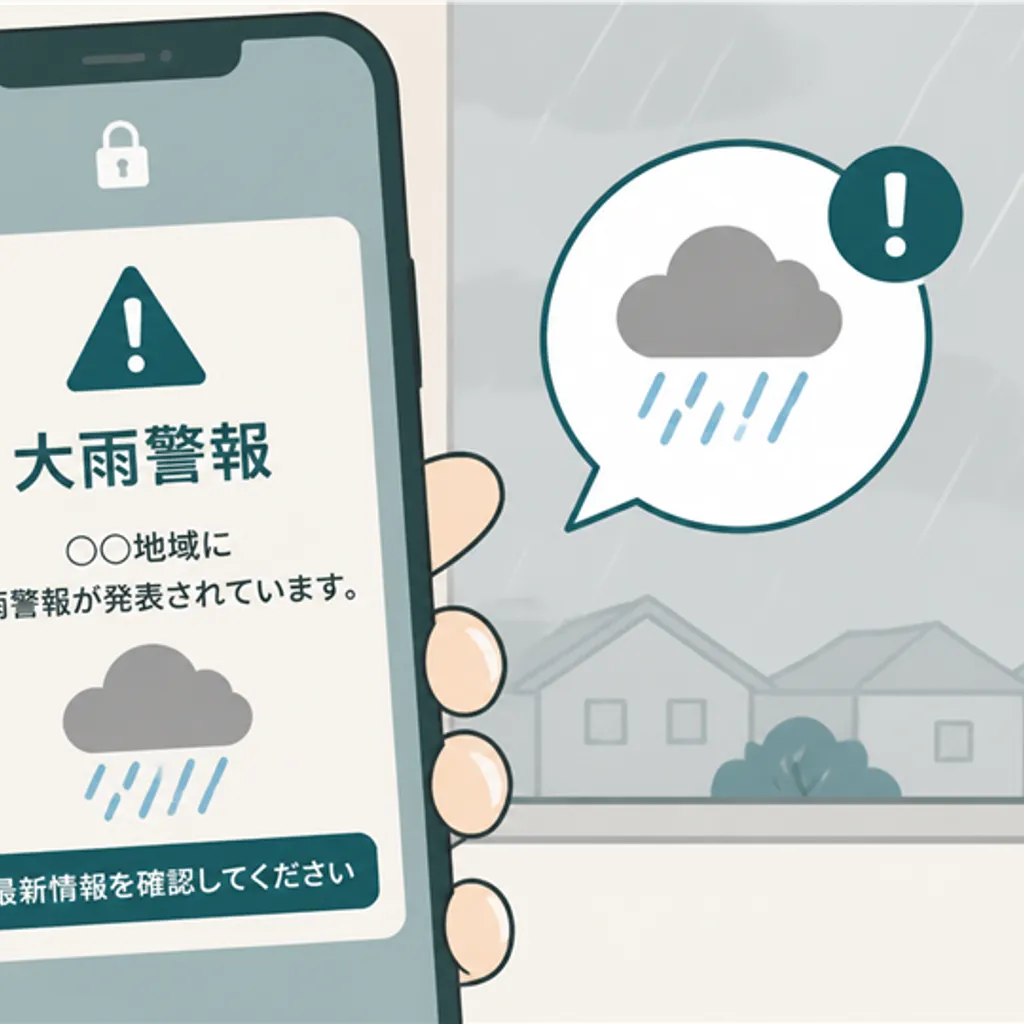 大雨の警戒情報が通知されたスマートフォンの画面