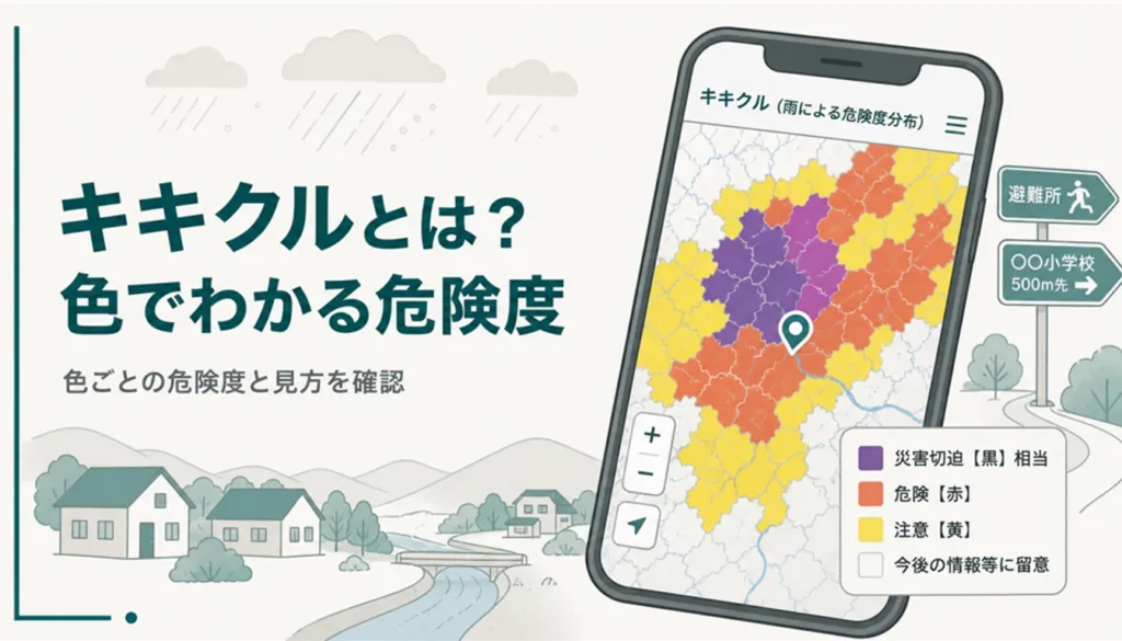 スマートフォンに表示された色分けの危険度分布マップ