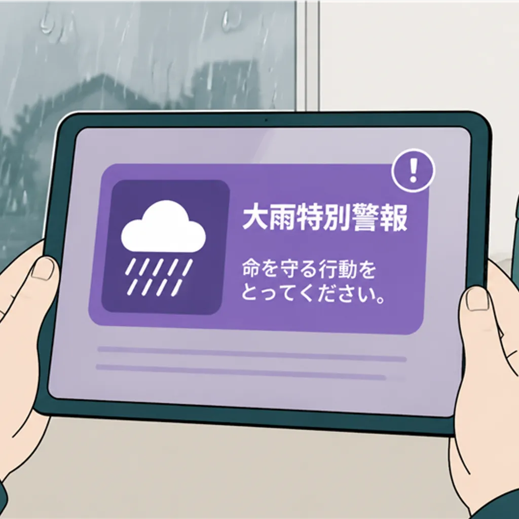 紫の大雨警戒通知が表示されたタブレットと雨の窓辺
