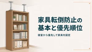 L字金具と突っ張り棒で固定された背の高い木製本棚