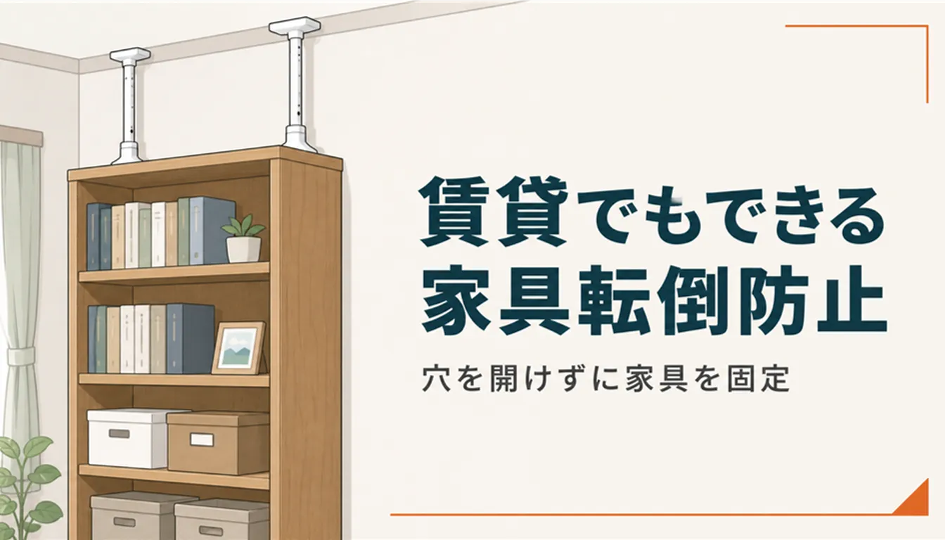 突っ張り棒で固定された背の高い木製の本棚