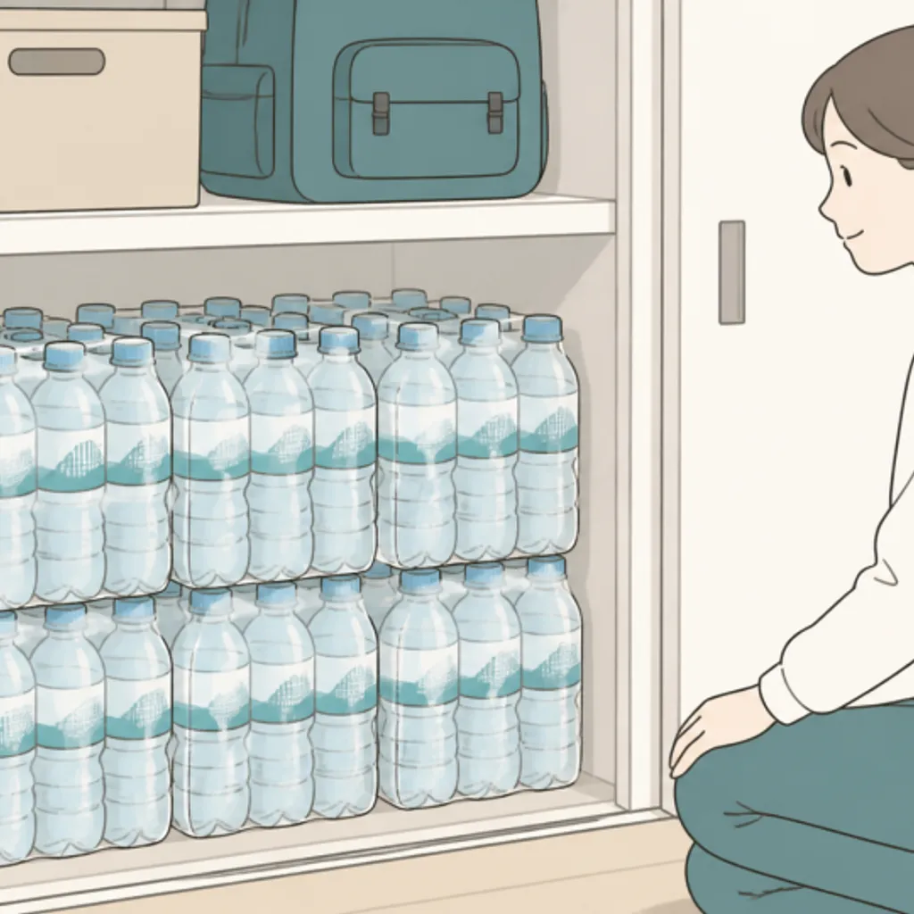 押し入れに積まれた備蓄用の水のケース