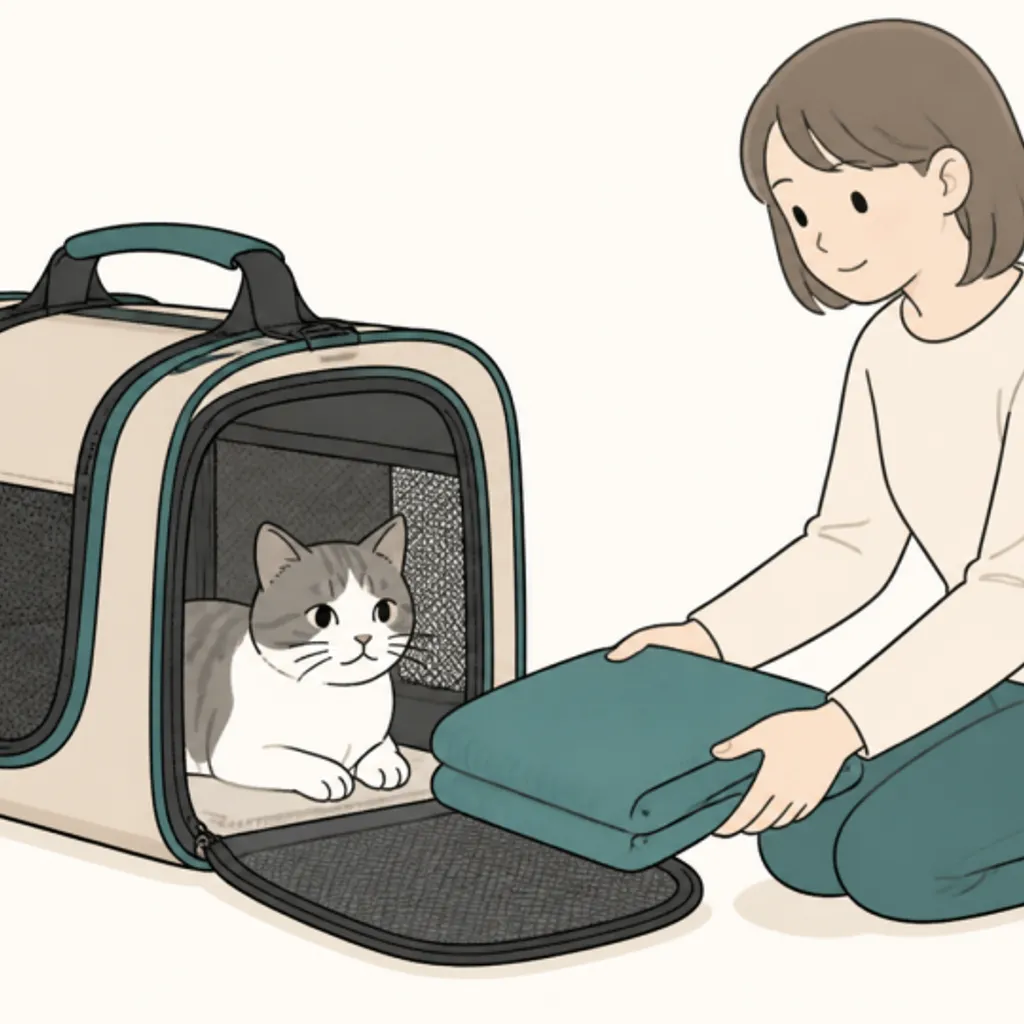 毛布を敷いた猫用のキャリーケース
