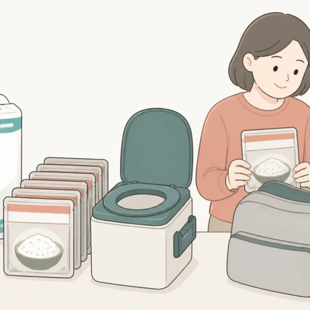 おむつやレトルト食品を並べた子ども用の家庭備蓄