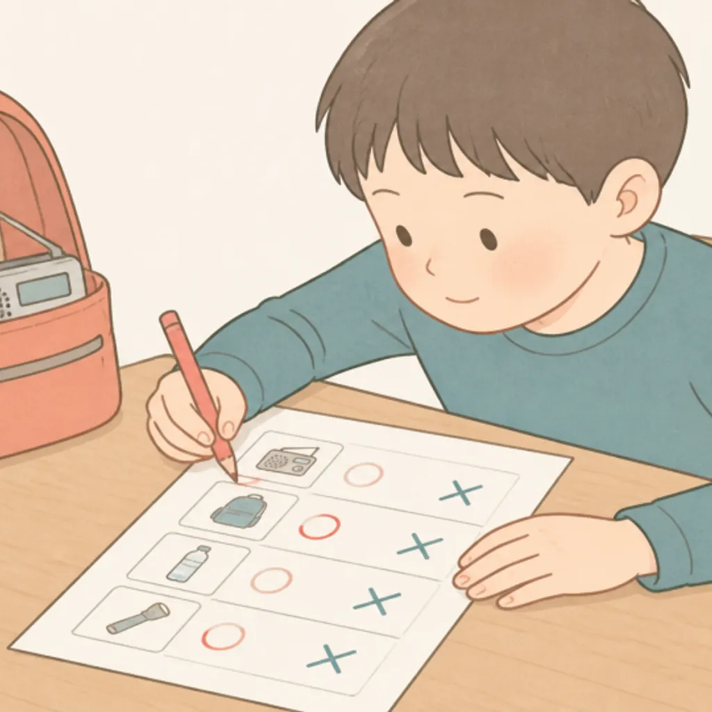 ○×の答えを書き込んだ手作りの防災クイズ用紙
