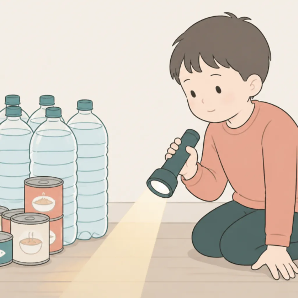 懐中電灯を持って備蓄の水や缶詰を確認する子ども