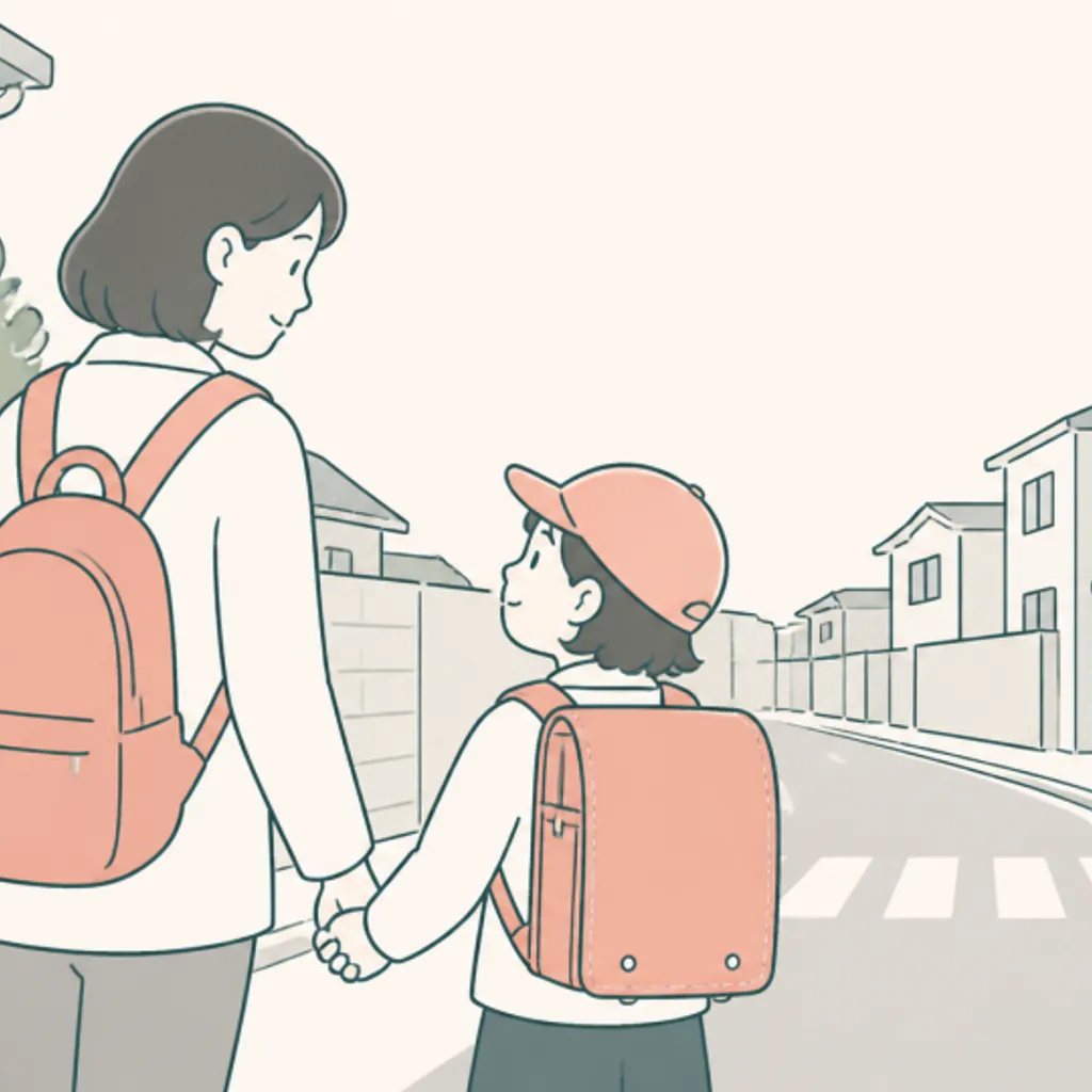 親子で通学路を歩いて危険な場所を確認する様子