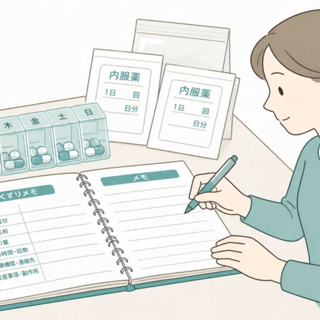 お薬手帳と一週間分の常用薬をまとめた災害用の備え