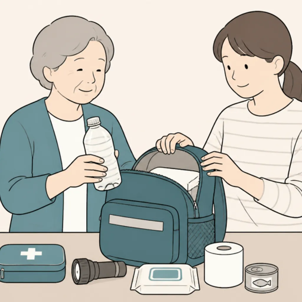 離れて暮らす親と一緒に軽い持ち出し袋を用意する様子
