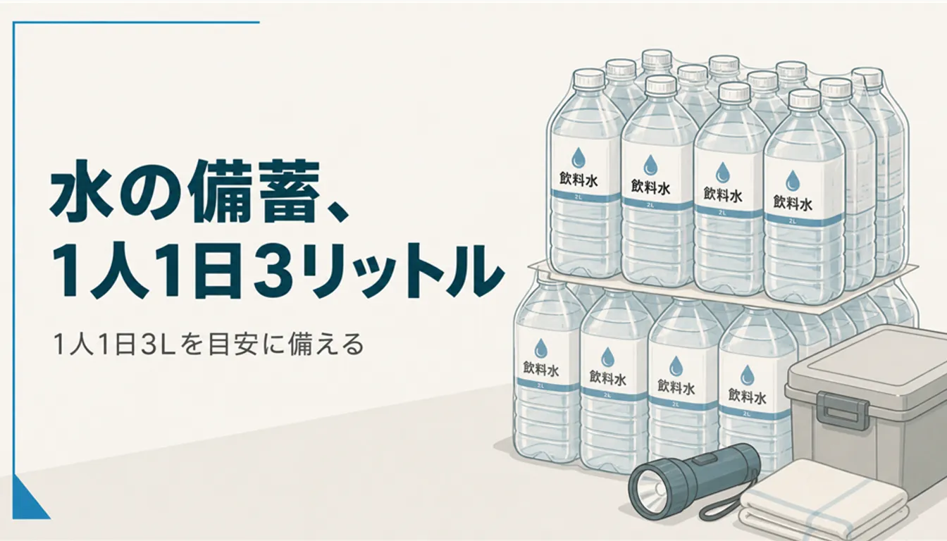 備蓄用に積まれた2リットル入り飲料水のケース