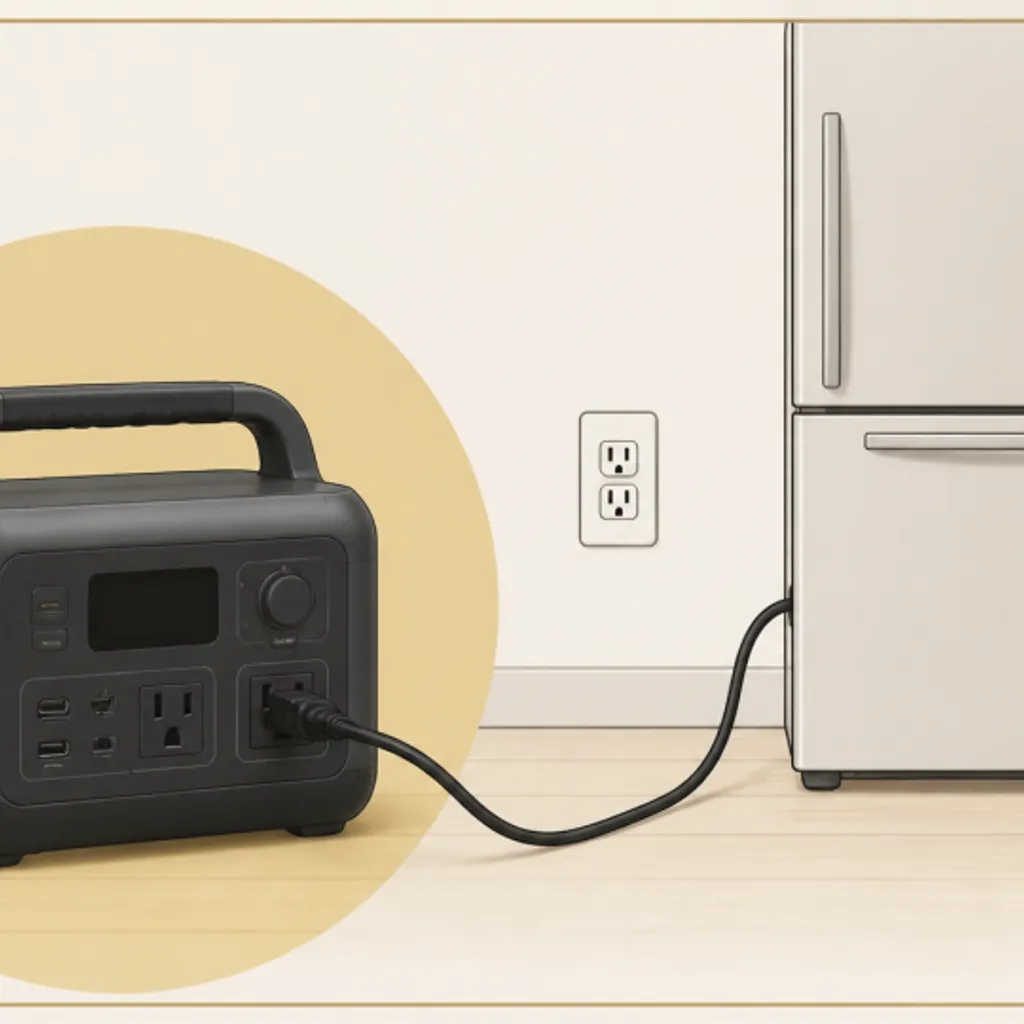 冷蔵庫の電源コードをつないだポータブル電源