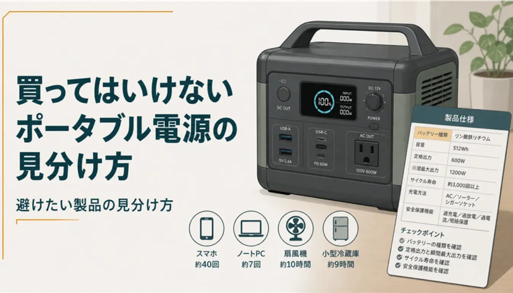 仕様表示が見えるポータブル電源の本体