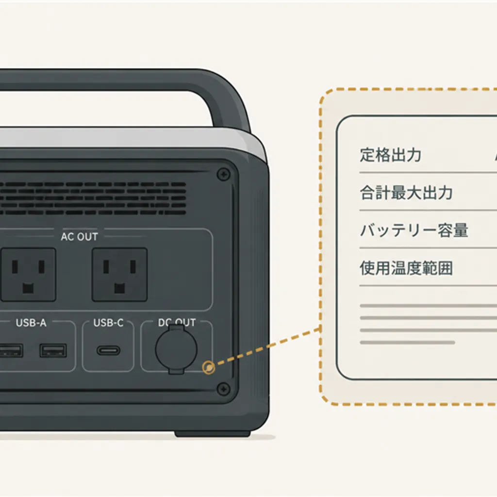 定格出力と容量が記された電源本体の背面パネル