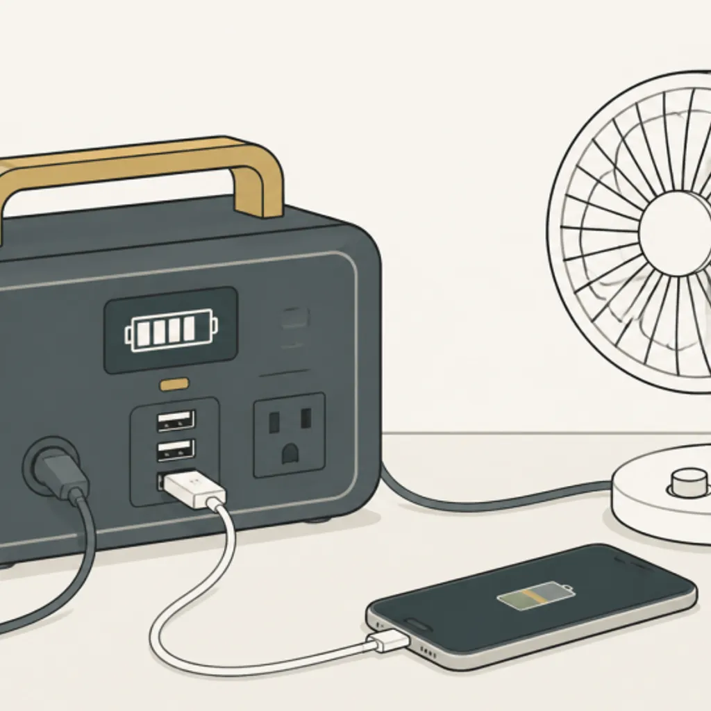 扇風機とスマホをつないだポータブル電源