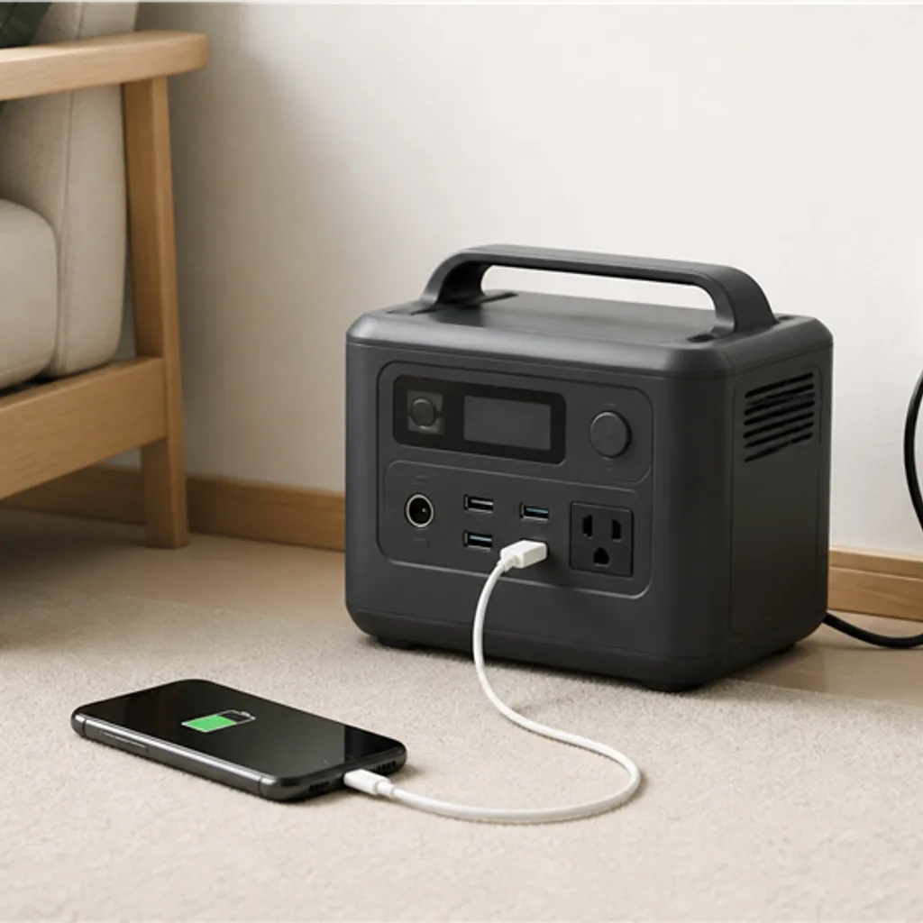 スマートフォンを充電中のポータブル電源