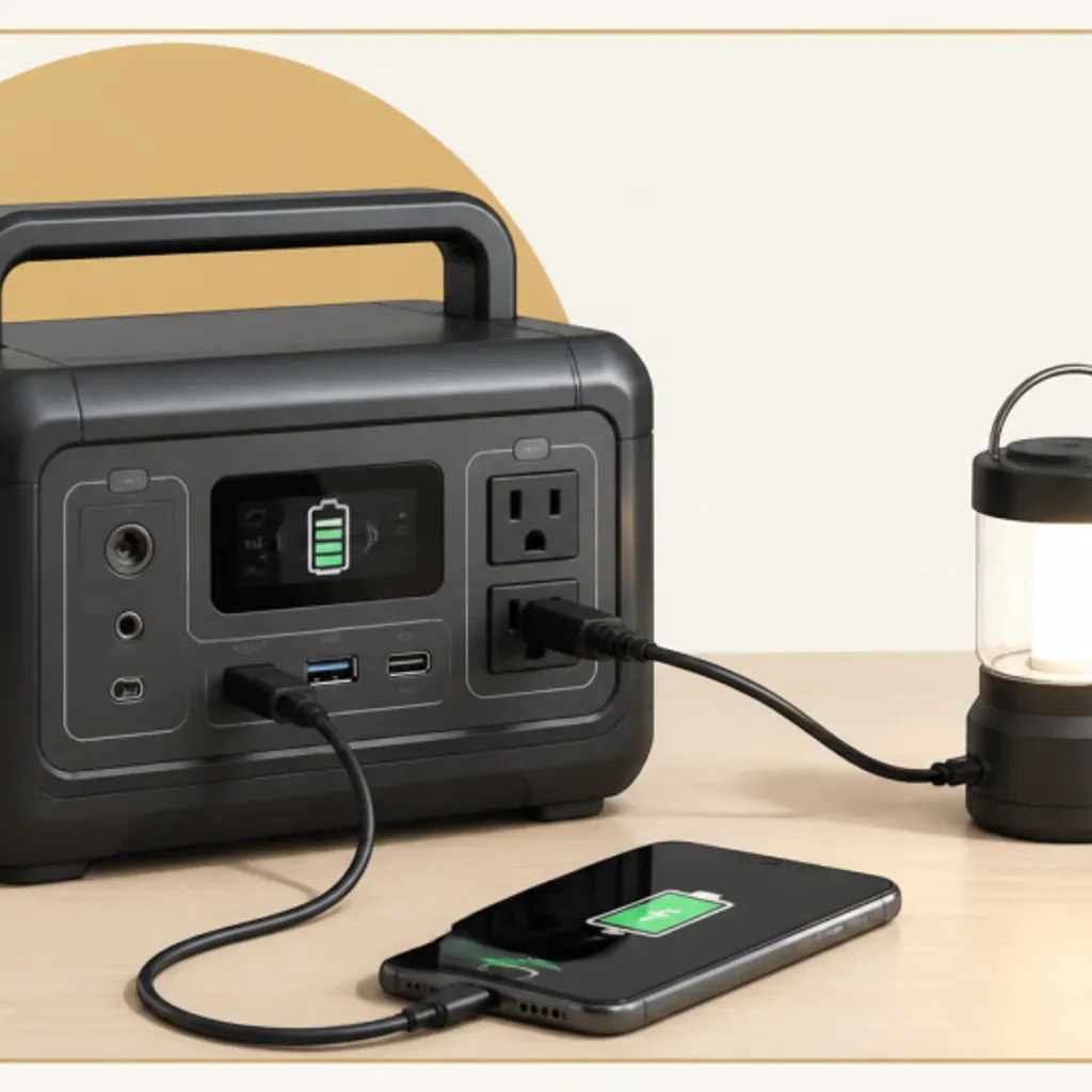 照明とスマホを充電しているポータブル電源