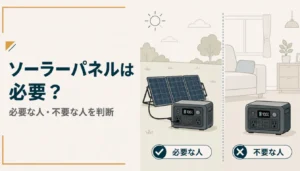 折りたたみソーラーパネルとポータブル電源をつないだ様子