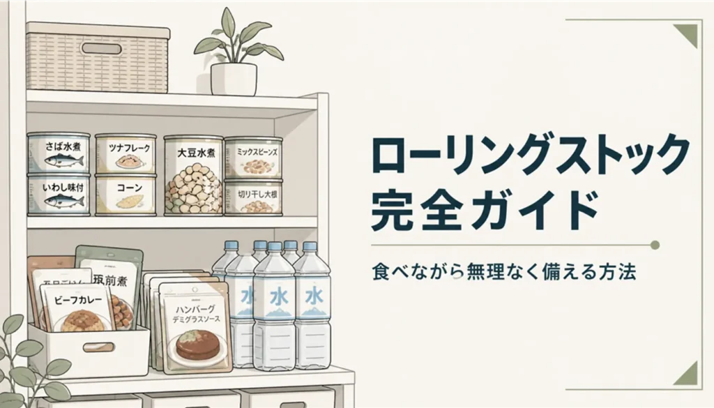 缶詰やレトルト食品、水を並べた備蓄棚