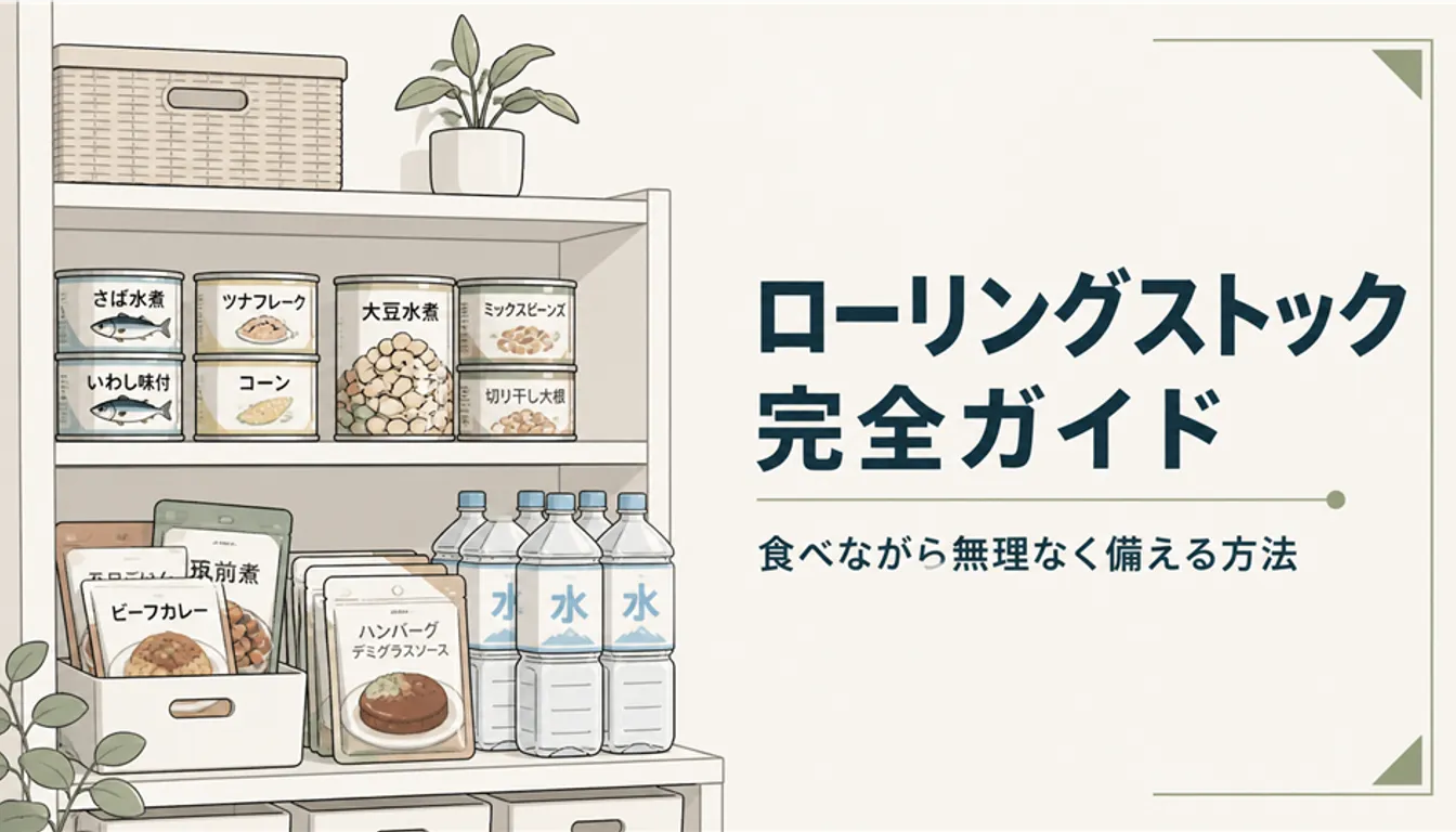 缶詰やレトルト食品、水を並べた備蓄棚