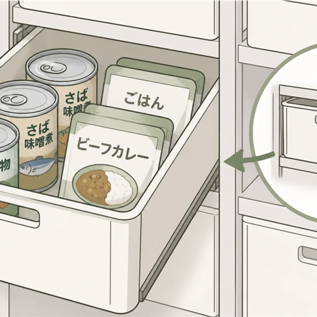 賞味期限を書いた缶詰を並べた引き出し収納