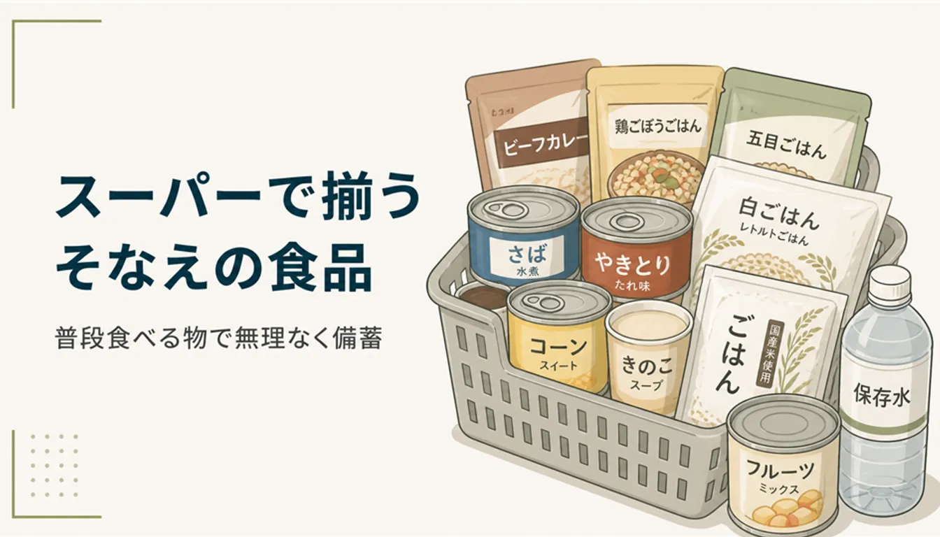 カゴにまとめた缶詰やパックご飯などの備蓄食品