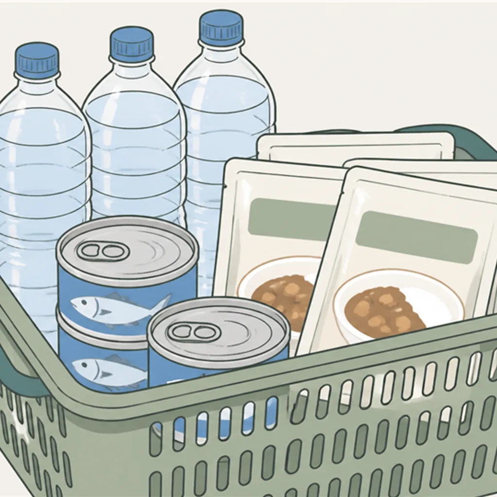 水や缶詰、レトルトを入れた買い物カゴ