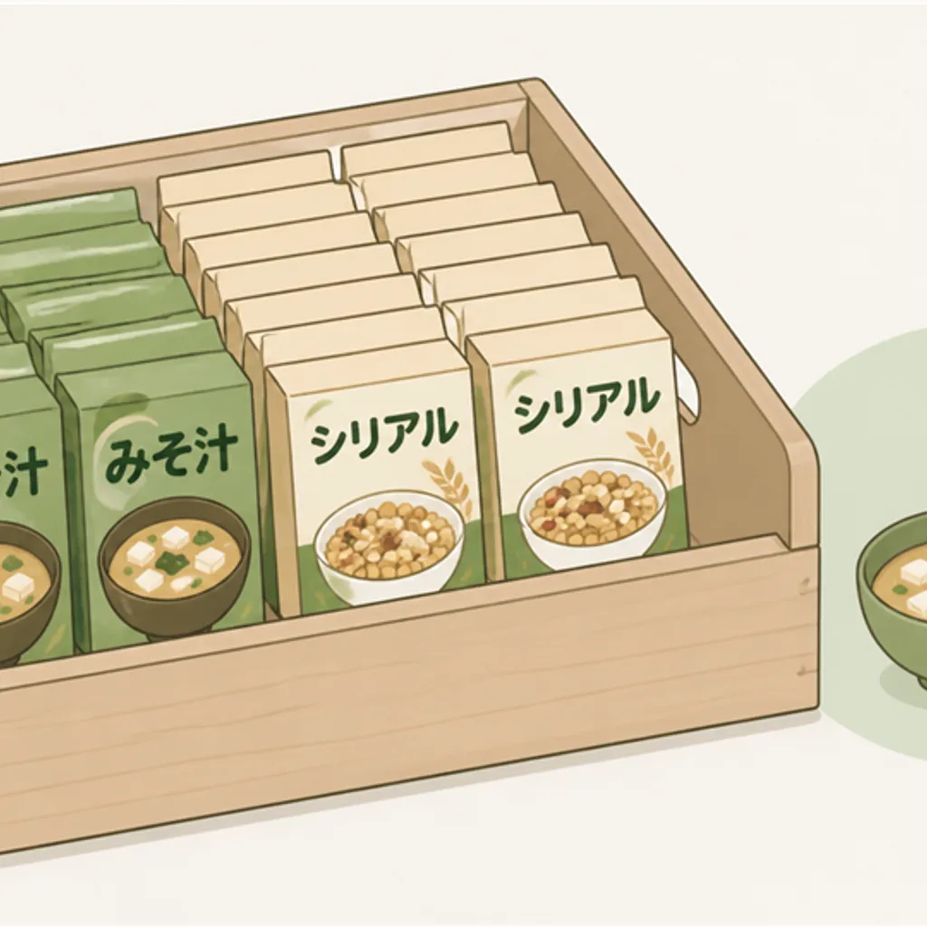 箱に手前から並べて収納した備蓄食品