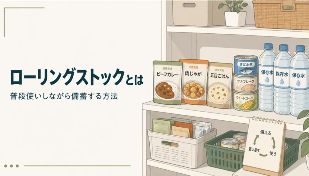 レトルトや缶詰、水が並んだ食品棚