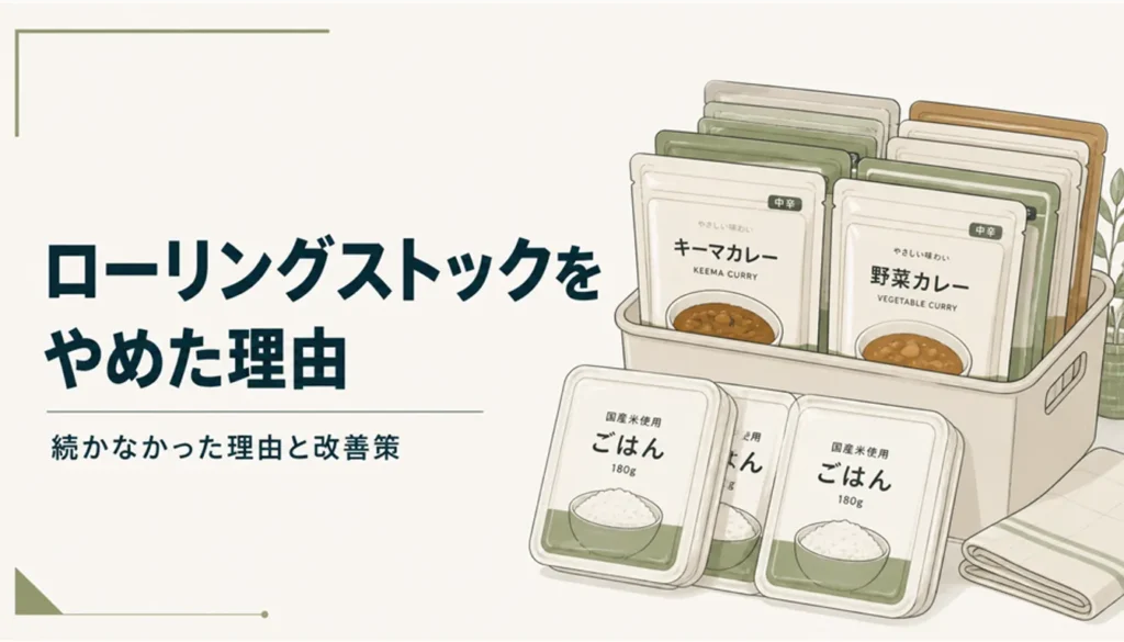 レトルトカレーとパックご飯を並べた家庭の食料備蓄