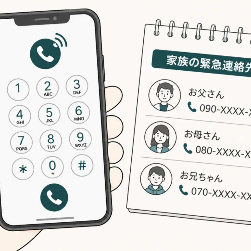 家族の連絡先メモとスマホのダイヤル画面