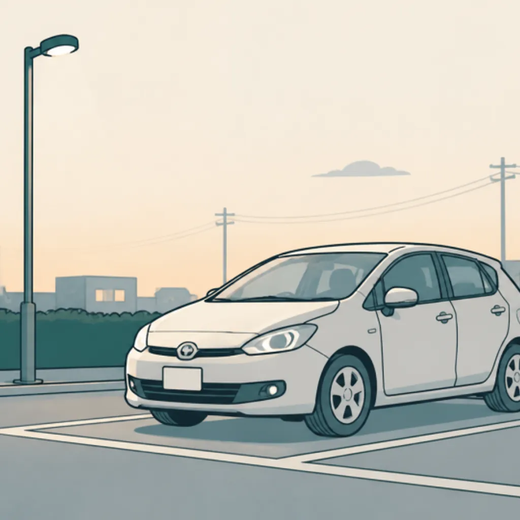 夕暮れの駐車場に停められた車と静かな周囲の様子