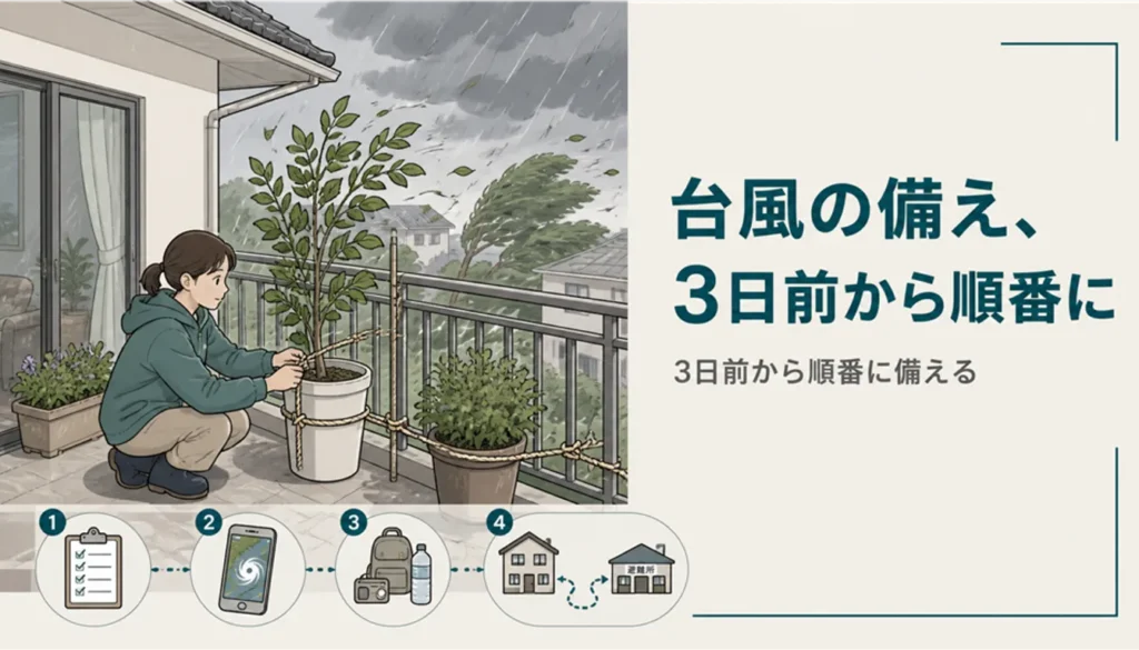 台風に備えてベランダの植木鉢を片づける様子
