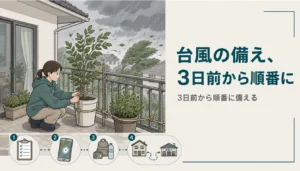 台風に備えてベランダの植木鉢を片づける様子