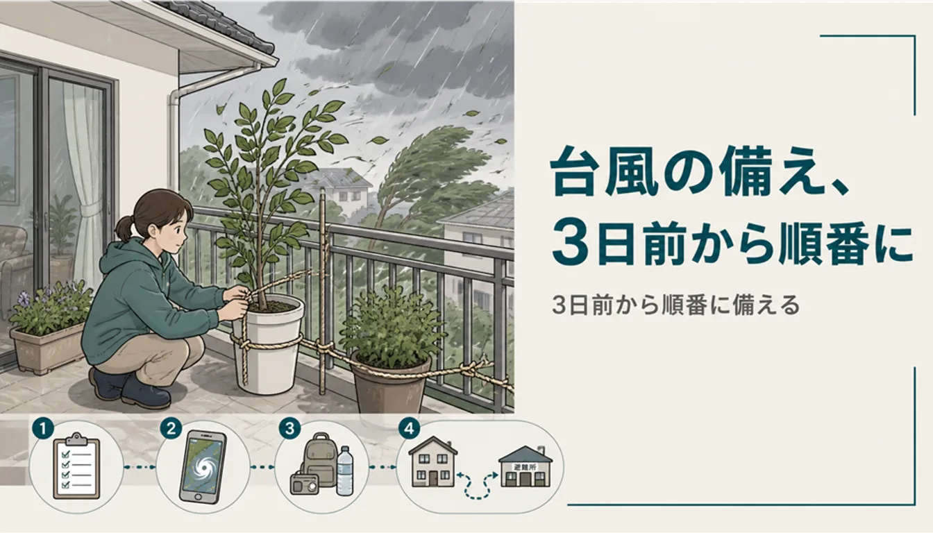 台風に備えてベランダの植木鉢を片づける様子