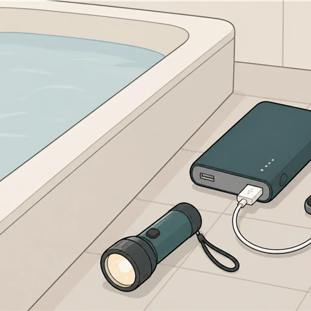 停電と断水に備えて水をためた浴槽と充電中の電源