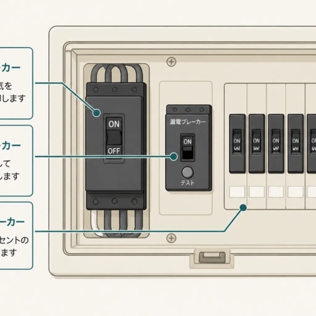 3種類のブレーカーが並ぶ分電盤の内部