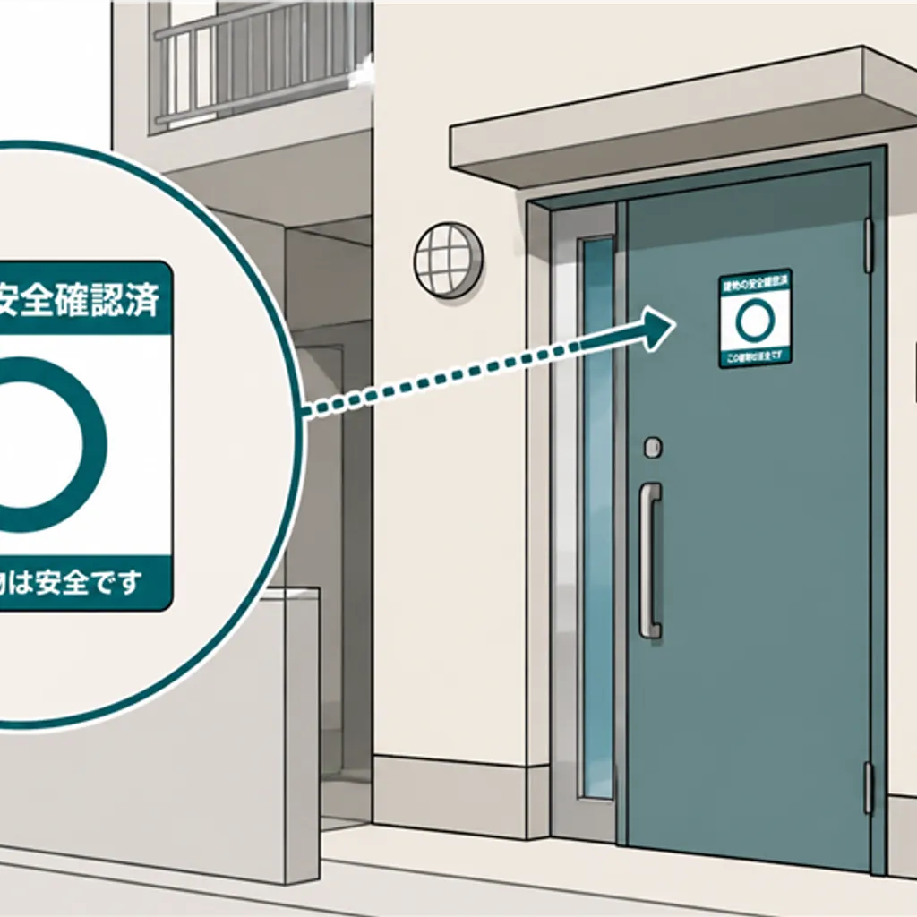 玄関脇に応急危険度判定のステッカーが貼られた住宅