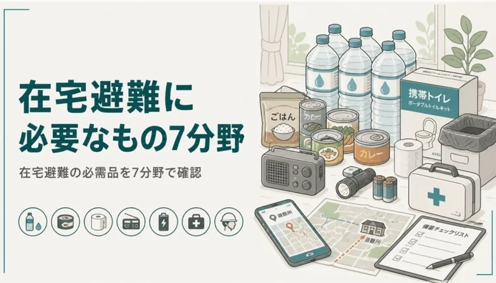 水や缶詰、携帯トイレを並べた家庭の備蓄品