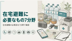 水や缶詰、携帯トイレを並べた家庭の備蓄品